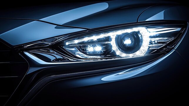 Close-up of a modern car headlight.  Sleek, illuminated design