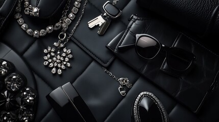 Elegant black accessories including jewelry and sunglasses arranged
