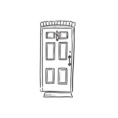 A closed door with bricks around top. 