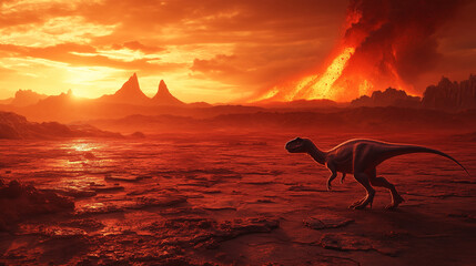 Obraz premium Alone dinosaur walking across cracked, barren earth under a fiery red-orange sky with volcanic eruption apocalyptic background for dramatic storytelling or educational content.