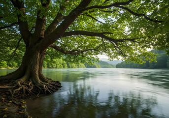 beautiful solitary tree with a thick trunk and vibrant green leaves on the edge of a calm lake, offering a serene view of the water and distant forested landscape.
