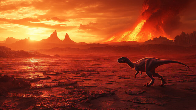 Alone dinosaur walking across cracked, barren earth under a fiery red-orange sky with volcanic eruption apocalyptic background for dramatic storytelling or educational content.