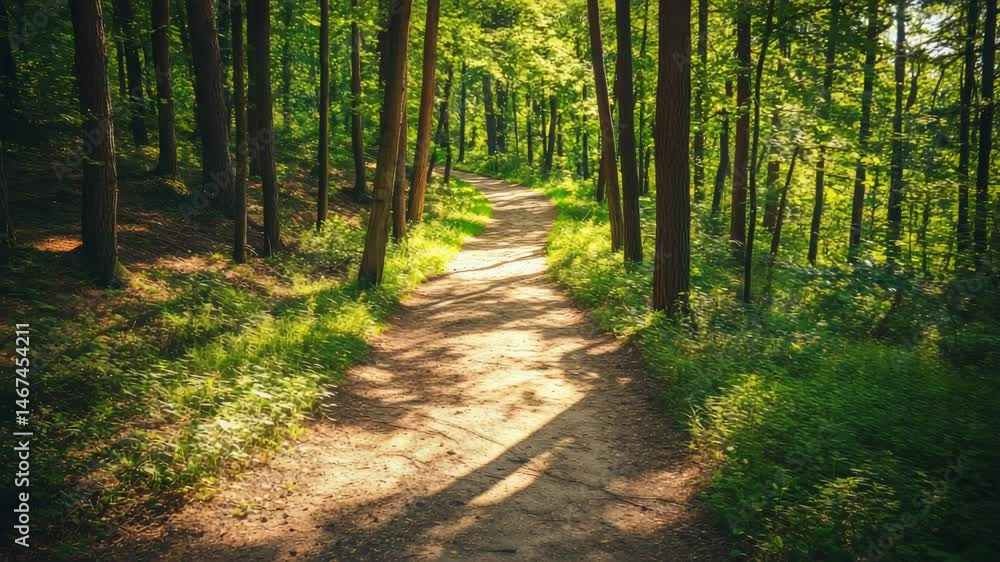 Poster Sunlight filters through the trees, illuminating a winding path in a lush green forest, creating a serene and inviting atmosphere during the spring season