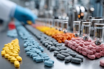 Obraz premium Pharmaceutical Manufacturing Process: Colorful Pill Production with Glove and Dispenser System for Quality Control