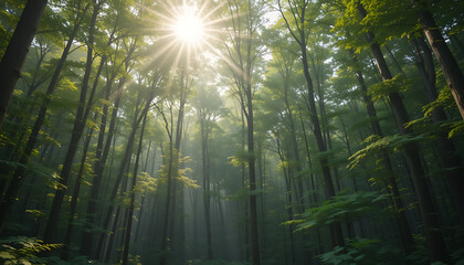 Forest with Sun Beams and Tall Trees
