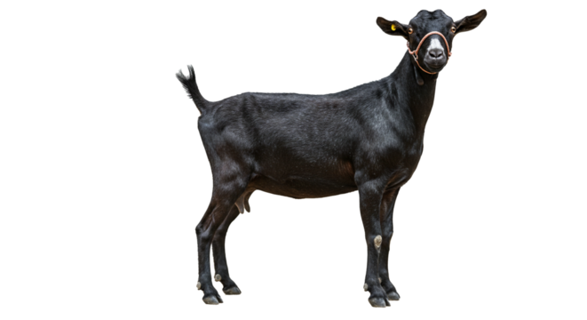 A sleek, black goat stands against a stark transparent backdrop, its coat shimmering under a strong light, creating a visually striking contrast; a symbol of rural life and a serene mood is evoked.
