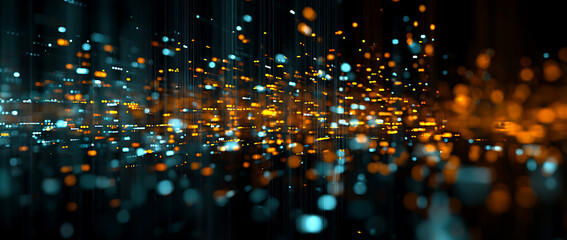 Abstract digital art with glowing particles. Teal and orange lights create a futuristic, energetic vibe.