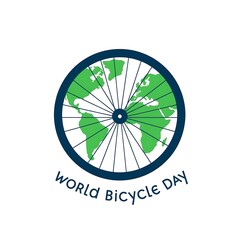 Obraz premium Minimalist illustration of a bicycle wheel doubling as Earth, symbolizing World Bicycle Day, clean and modern design on white background.