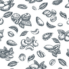 Vector seamless nuts pattern. Hand drawn sketch illustration. Fabric design, wrapping paper, textile print