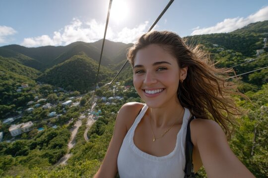 Joyful descent through tropical valley on a zipline adventure filled with exhilaration and sunshine - Powered by Adobe