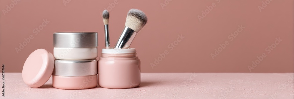 Poster cosmetic jars and brushes arranged on a pink flat surface in a soft light setting generative ai