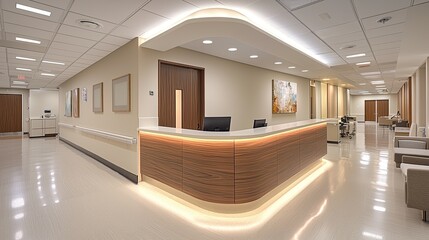 Modern hospital reception area, bright and welcoming