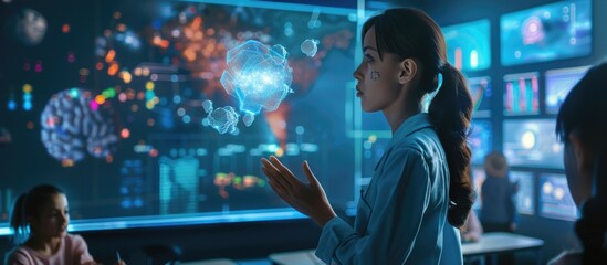 A futuristic classroom where a human teacher and AI assistant engage with students. Equipped with interactive holograms and advanced learning tools, the AI assistant hovers beside the teacher, helping
