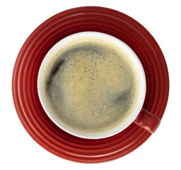 red coffee cup in saucer top view isolated clipping path on white background.