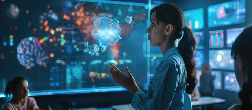 A futuristic classroom where a human teacher and AI assistant engage with students. Equipped with interactive holograms and advanced learning tools, the AI assistant hovers beside the teacher, helping