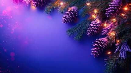 A festive scene featuring a purple wreath adorned with pine cones, surrounded by lush evergreen branches.