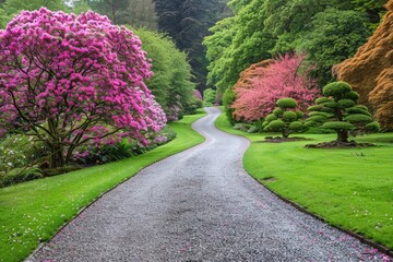 Obraz premium Scenic pathway lined with lush trees and blooming flowers.