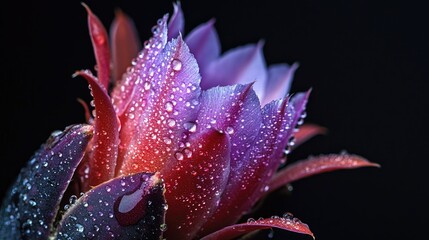 Close-up view of a vibrant succulent flower covered in dew drops.