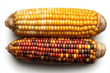 Studio close up of two colorful corn cobs, one yellow and white, one red, yellow and black, displayed on white background