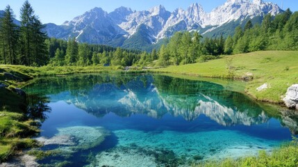 Crystal clear alpine lake reflecting majestic mountain peaks. Lush green meadows and forests surround the tranquil water. Sunlight highlights the stunning scenery.