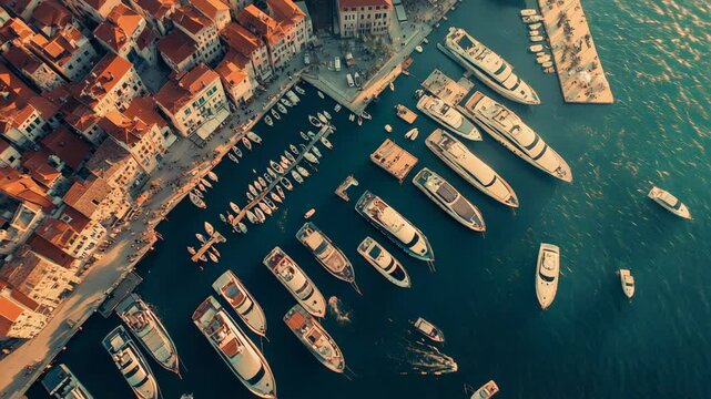 Many yachts and boats are docking near a coastal city with orange rooftops at sunset, creating a picturesque aerial view of luxury and leisure