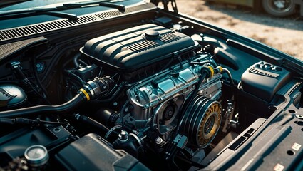 Fototapeta premium Photorealistic image of a car engine in an industrial setting