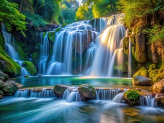 Obraz premium Long Exposure Waterfall Photography, Soft Water, Smooth Flowing Water, Cascading Water, Nature Photography, Serene Waterfall, Peaceful Waterfall Scene