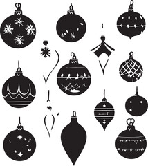 Christmas Ornament Silhouettes Vector Set, Black and White Holiday Decorations Clipart