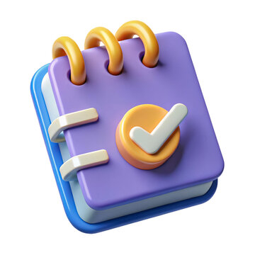 Cute 3D checklist icon purple notebook with orange checkmark on transparent background