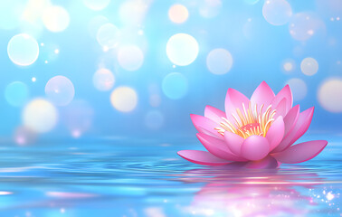 Beautiful lotus flower glows with pink and purple hues over water with blue bokeh lights