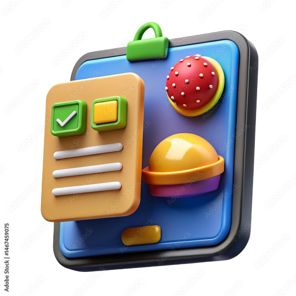 Poster vibrant 3d checklist icons food order app ui elements on transparent background