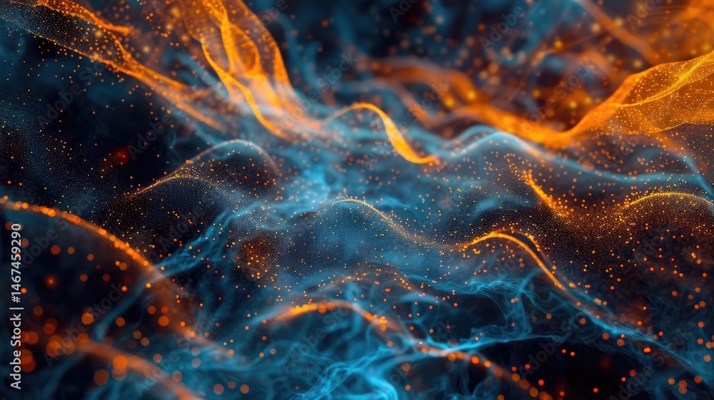 Poster abstract picture micro light sparkling particle represent data flow vivid flowing wave with high tec