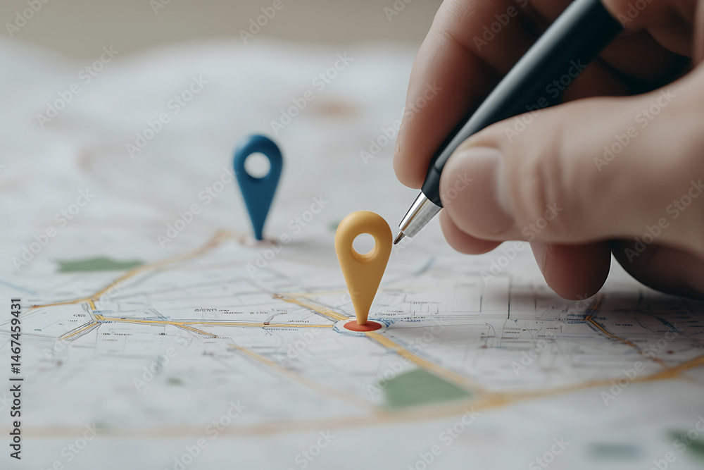 Poster mapping a course with precision. pen marks the destination, connecting points on a navigational char