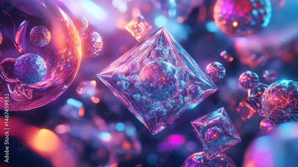 Poster colorful abstract shapes and particles in a dynamic space