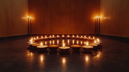 A flat lay image featuring a circular arrangement of small, lit oil lamps on a dark, textured surface.