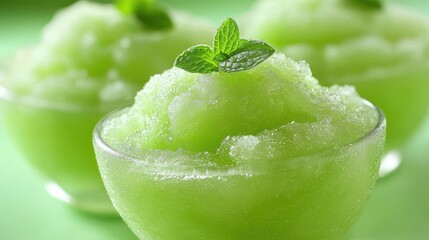 Refreshing green apple granita with fresh mint, served in glass bowls