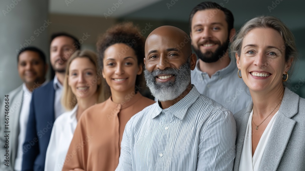 Poster seven business professionals gathered in a modern office space, presenting a unified front with smil