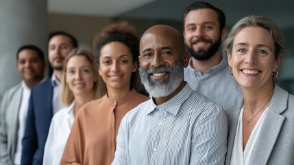 Seven business professionals gathered in a modern office space, presenting a unified front with smiles. They represent various backgrounds and are clearly engaged in a collaborative atmosphere