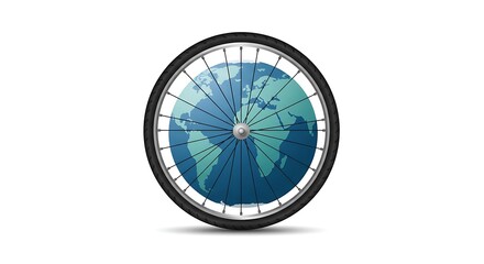 Obraz premium Minimalist illustration of a bicycle wheel doubling as Earth, symbolizing World Bicycle Day, clean and modern design on white background.