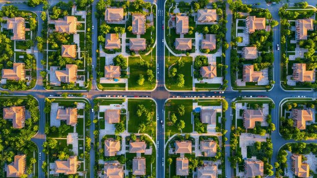 Aerial view captures a residential district meticulously planned with green spaces interspersed between rows of houses, forming a grid pattern bathed in the warm light of the golden hour