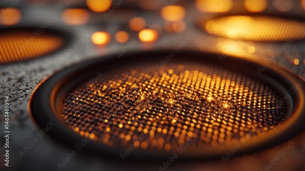 Poster close-up view of intricate golden grid, illuminated by warm lights. mesh surface glows with an orang