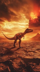 Alone dinosaur walking across cracked, barren earth under a fiery red-orange sky with volcanic eruption apocalyptic background for dramatic storytelling or educational content.