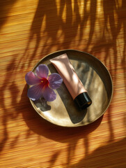 Obraz premium Soft skincare tube and purple flower on round metal plate with warm sunlight and shadow on textured surface