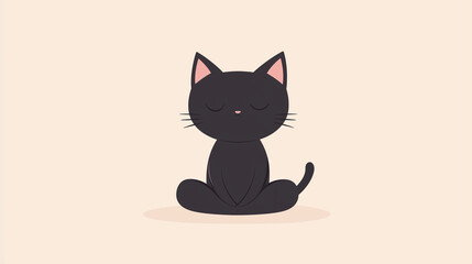 Cute black cartoon cat meditating in zen position on beige background