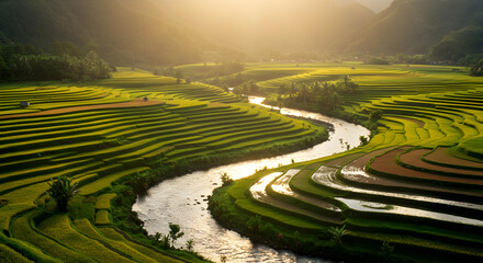 Rice Terraces with River Flowing Through Valley at Sunrise