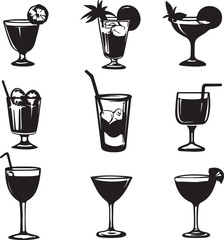 Black and White Cocktail Illustrations: Vector Set of Alcoholic Drinks for Design