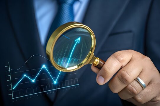 A businessman studies an abnormal jump on a chart. Sales growth. High profitability. Market demand surges, investment opportunities, stock market fluctuations. High profitability concepts