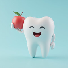 cheerful tooth character holding red apple, promoting dental health and hygiene in playful manner