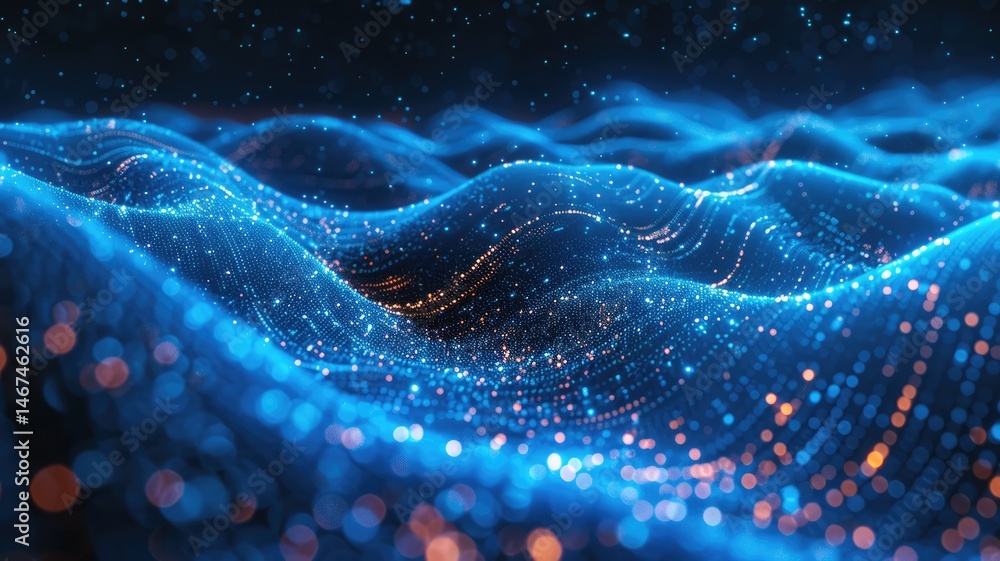 Poster abstract picture micro light sparkling particle represent data flow. vivid flowing wave with high te