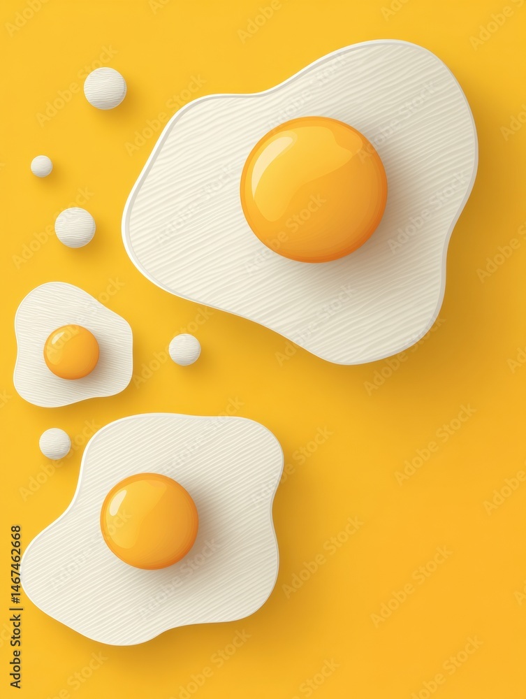 Poster vibrant art displaying sunny side up eggs on a bright yellow background with ample space for text ge